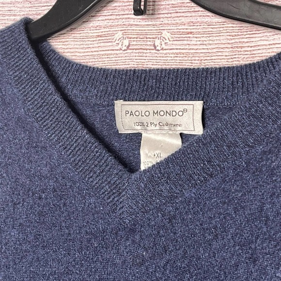 Paolo Mondo Two Ply 100% Cashmere Navy Blue Men's V Neck Sweater XL - Picture 7 of 9